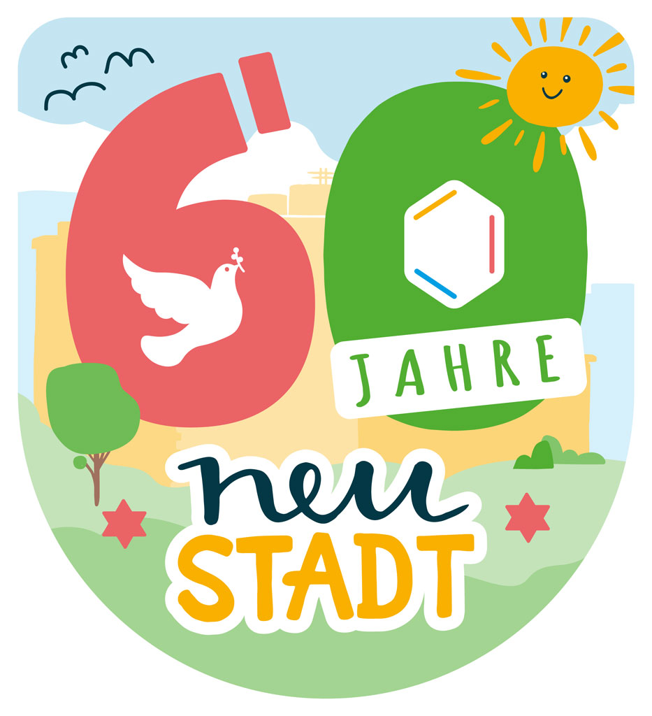 Logo zum Jubiläum 60 Jahre Neustadt. Die Elemente Taube, Benzolring und Stern sind aus dem echten Stadtwappen entlehnt.