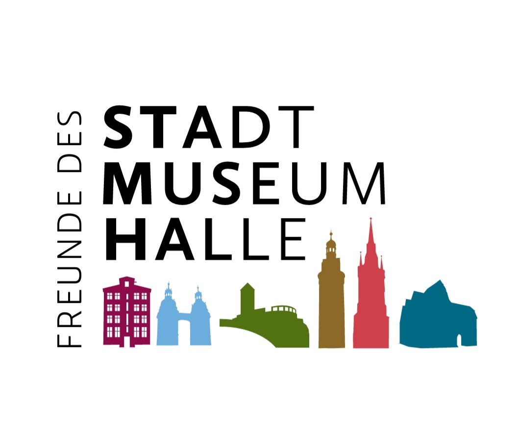 Logo Freunde des Stadtmuseum Halle. In unterschiedlichen Farben werden grafisch die einzelnen zugehörigen Gebäude wie zum Beispiel die Hausmannstürme und der Rote Turm dargestellt