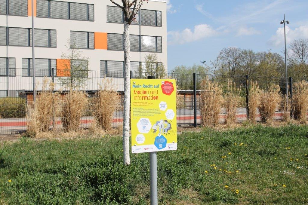 Station 5 - Am Planetarium, Tafel zum Thema Recht auf Medien und Information auf einer Wiese, im Hintergrund ist ein Schulgebäude am Holzplatz zu ssehen