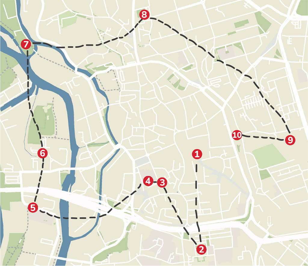 Karte Kinderrechte-Lernpfad mit 10 Punkten - Kennzeichnung Lage der Standorte