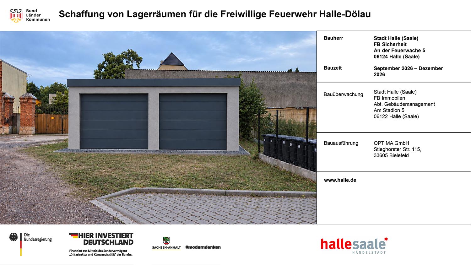 Baustellenschild. darauf abgebildet ist die Doppelgarage, die für die Freiwillige Feuerwehr Dölau gebaut wird.