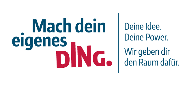 Wort-Bild-Marke des Projektes mit der Schrift "Mach dein eigenes Ding. Deine Idee. Deine Power. Wir geben dir Raum dafür.