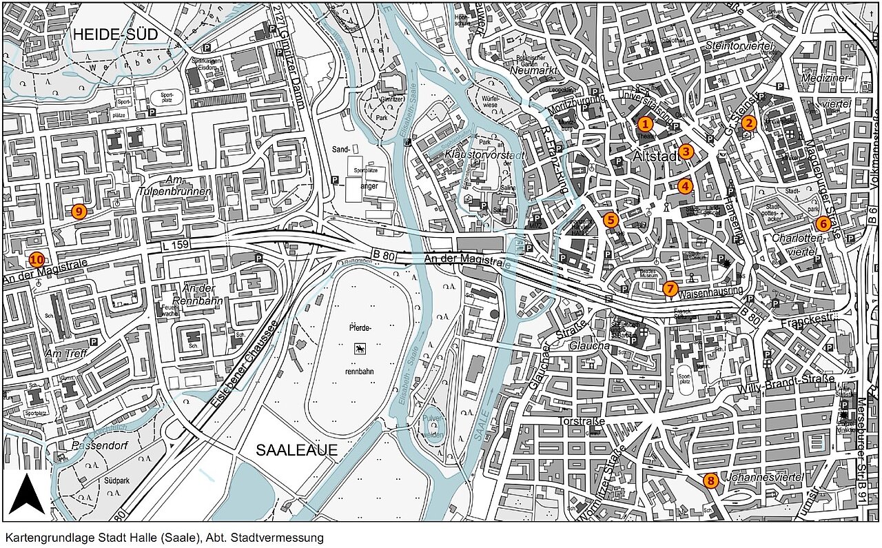 Ausschnitt aus dem Amtliche Stadtplan mit Punkten der Spurensuchekten