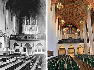 Westempore mit Blick auf die Förner-Orgel, die damals die einzige Orgel der Kirche und Wirkungsstätte der Kirchenmusikschule war. Heute ist diese Orgel nicht mehr spielbar; es ist nur der Barockpropekt erhalten.