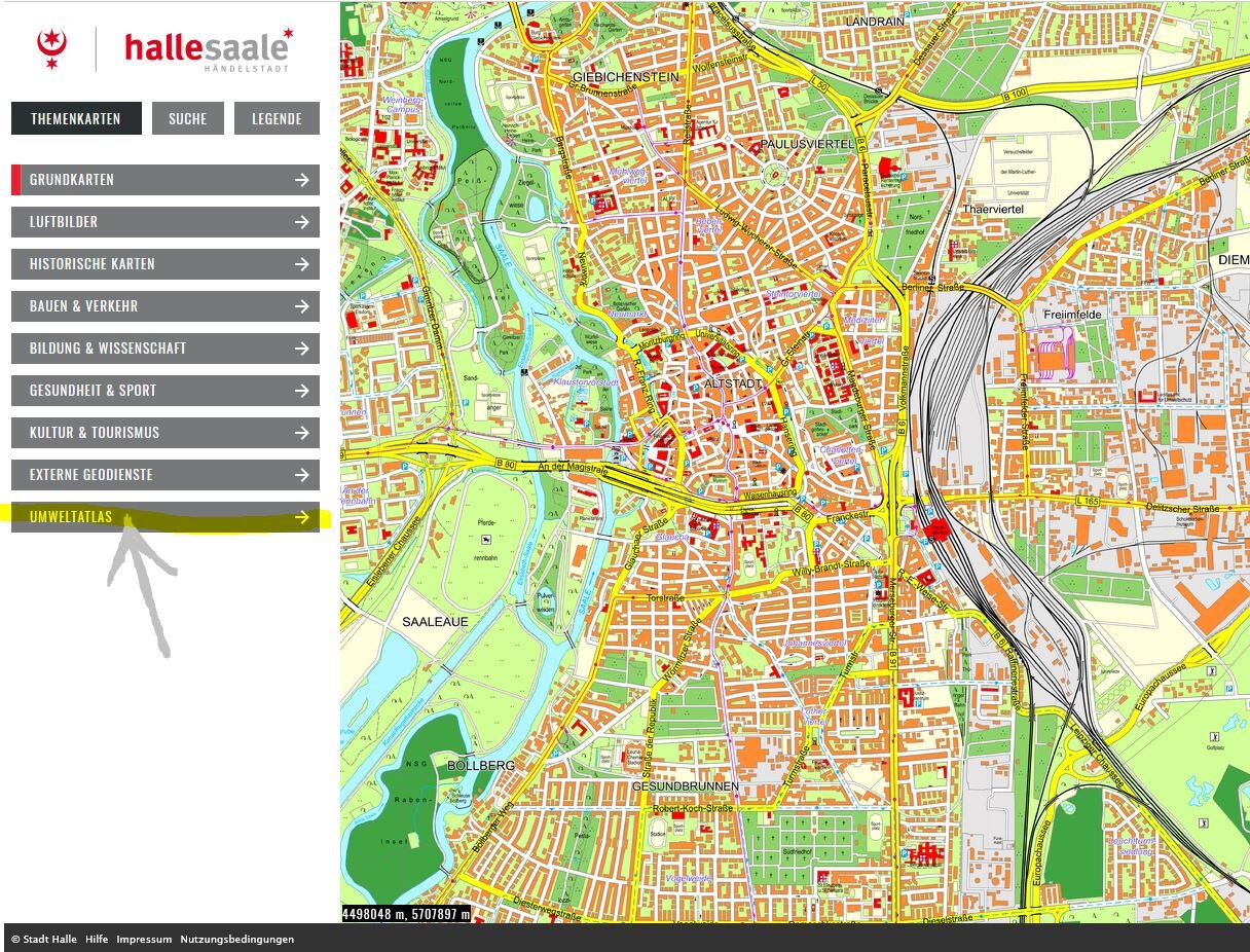 gezeigt wird ein Ausschnitt vom Stadtplan Halle (Saale) in Farbe, links ist die Legende eingeblendet mit Themenkarten von Daten der Stadt, hinter dem untersten Themenbalken "Umweltatlas" verergen sich rund 100 Karten zu Umweltthemen e 