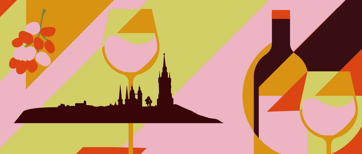 Grafik mit Weinflasche, Weinglas und Silhouette vom Halleschen Marktplatz
