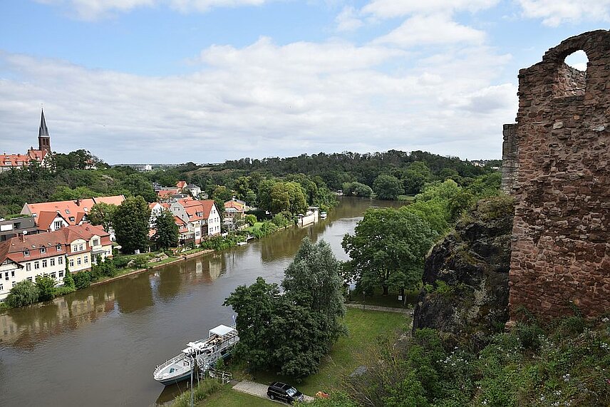 Blick von der Burg Giebichenstein über den Fluss in Richtung Ortsteil Kröllwitz