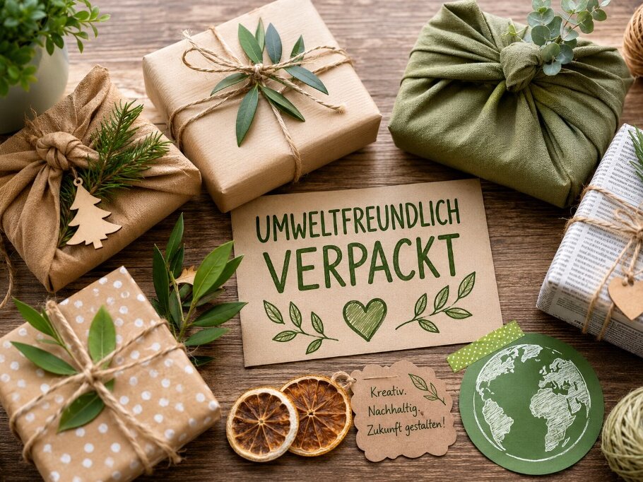 verschiedene kleine viereckige Geschenke in grünen und beigen Stoffen oder in Zeitungspapier verpackt