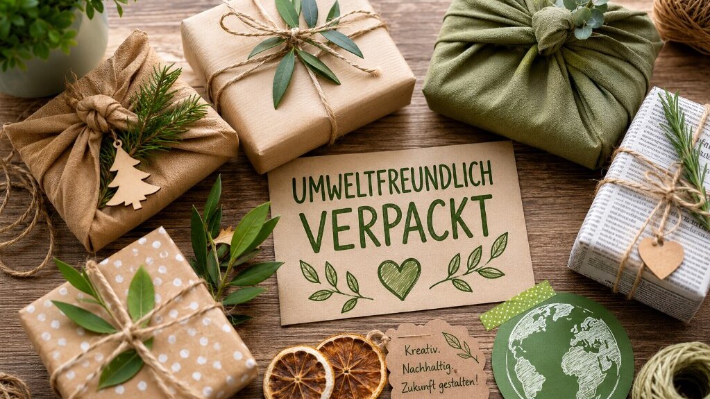 verschiedene kleine viereckige Geschenke in grünen und beigen Stoffen oder in Zeitungspapier verpackt