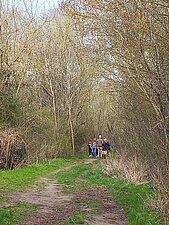 Foto zeigt im Hintergrund mehrere Personen im Wäldchen.