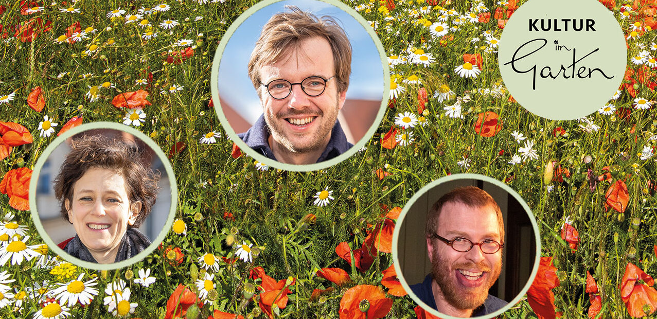 Collage drei Stadtschreiber auf einer bunten Blumenwiese