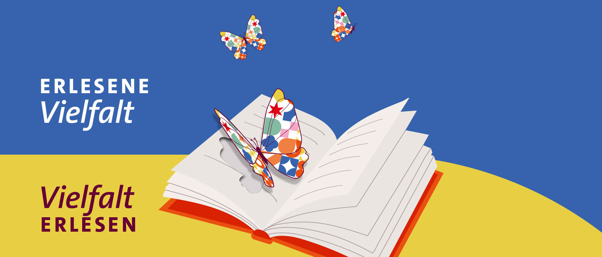 Grafik aufgeschlagenes Buch, aus dem Schmetterlinge herausfliegen. Aufschrift Erlesene Vielfalt, Vielfalt erlesen V