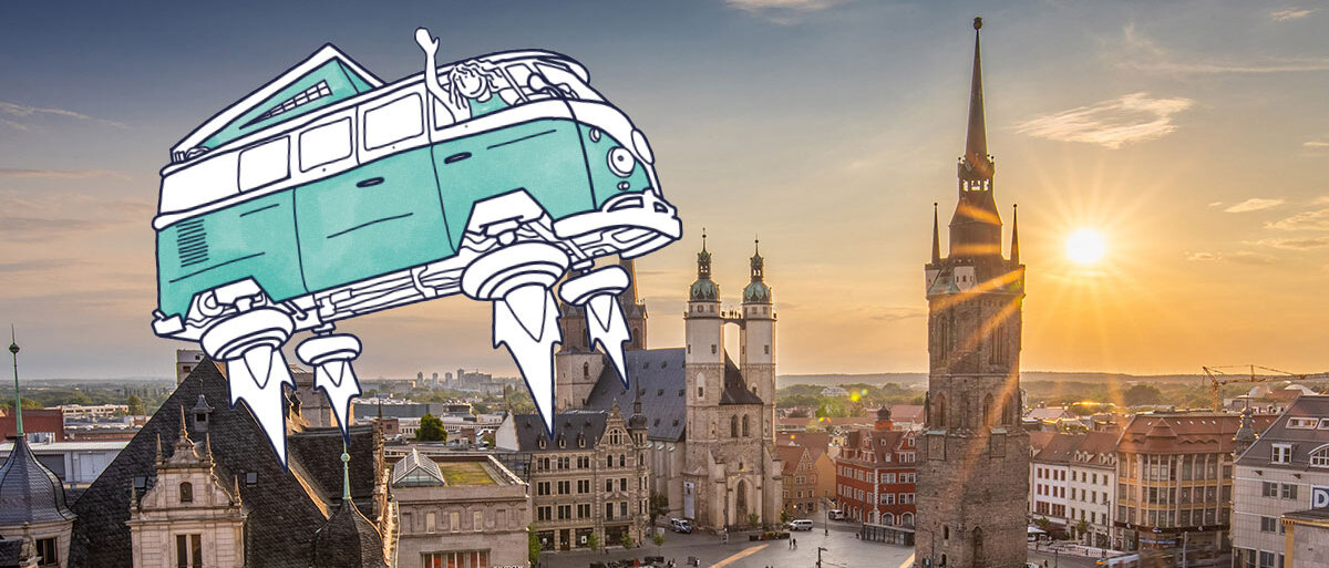 Grafik landender VW-Bus auf dem Marktplatz (Foto)