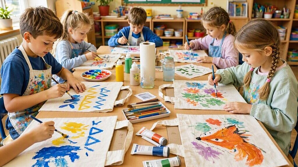 An einem Holztisch sitzen Kinder und bemalen weiße Baumwollbeutel.