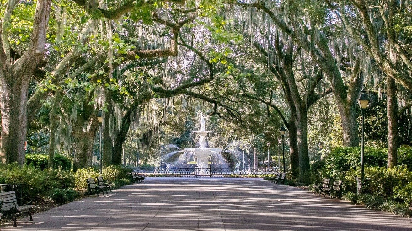 Der Brunnen im Forsyth Park und die berühmten "Live Oaks" in Savannah