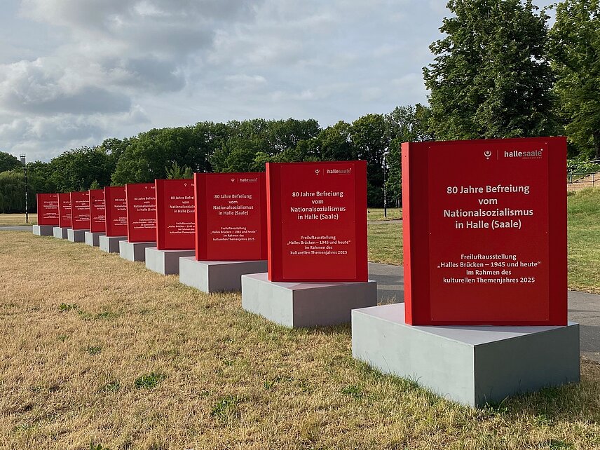 Neun Aufsteller zu den neun Saalebrücken stehen nebeneinander auf der Ziegelwiese.  