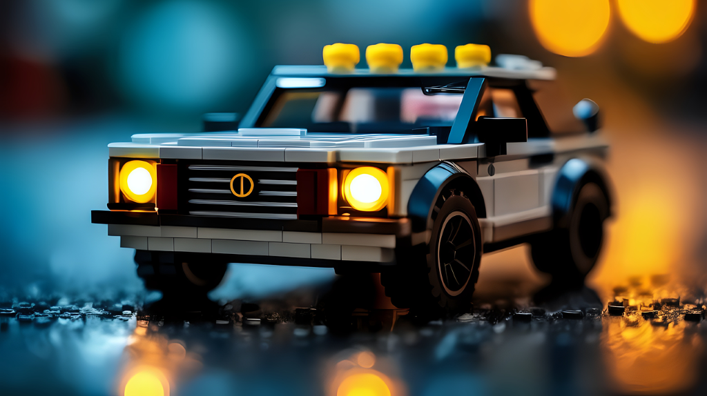 ein kleines Spielzeugauto (Polizeiauto) mit leuchtenden Scheinwerfern