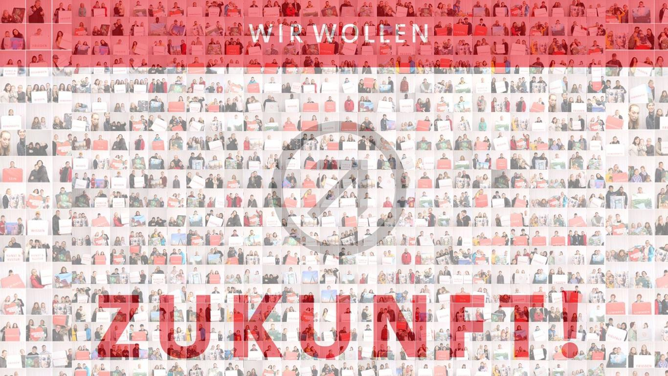 ein Mosaik mit aus vielen kleinen Bildchen von Bürgern der Stadt Halle (Saale) mit der Aufschrift wir wollen Zukunft