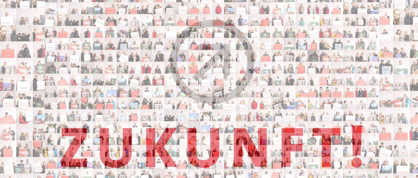 ein Mosaik mit aus vielen kleinen Bildchen von Bürgern der Stadt Halle (Saale) mit der Aufschrift wir wollen Zukunft