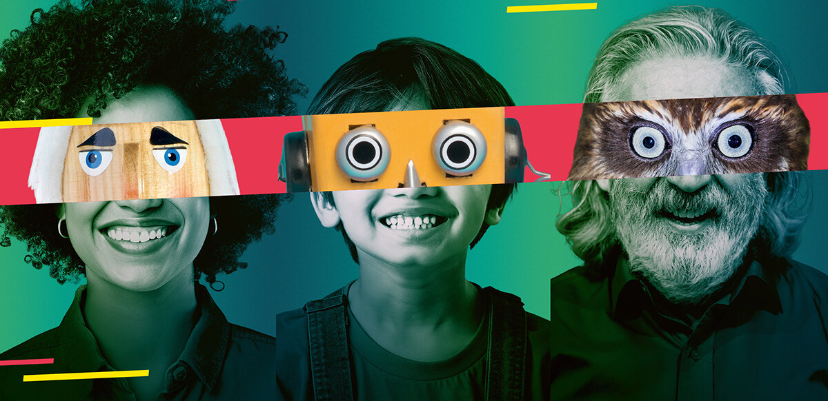 Collage Museumsnacht 2026, wo 3 Köpfe die Augenpartie von einem anderen Foto oder einer Plastik bekommen haben