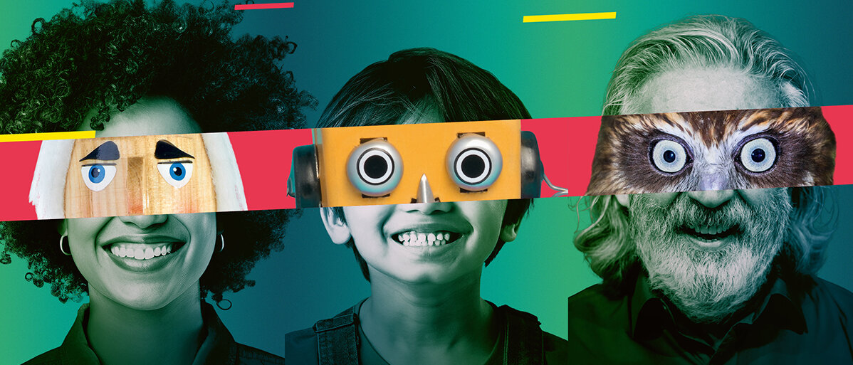 Collage Museumsnacht 2026, wo 3 Köpfe die Augenpartie von einem anderen Foto oder einer Plastik bekommen haben