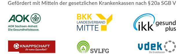 Gefördert mit Mitteln der gesetzlichen Krankenkassen nach §20a SGB V, Logoleiste mit 6 Logos der Krankenkassen AOK Sachsen-Anhalt, BKK Landesverband Mitte, ikk gesund plus, Knappschaft, SVLFG, vdek Die Ersatzkassen