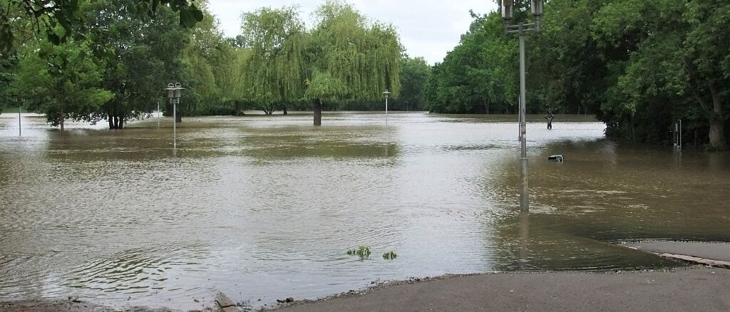 Hochwasser überflutet Wege durch den Park, Lampen, Bäume, Papierkorb, Metall-Plastik unter Wasser