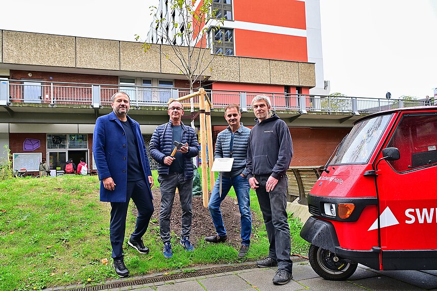 Männer stehen um einen neugepflanzten Baum in der Passage in Halle-Neustadt 