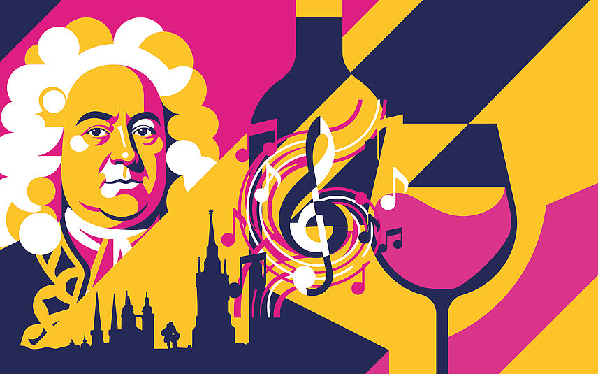 Grafik mit Händel Notenschlüssel, Weinflasche und Weinglas