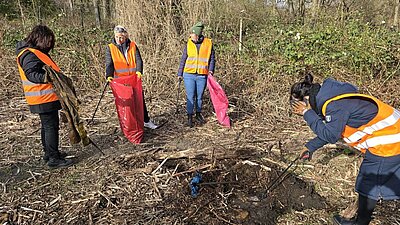 3 Personen mit Müllsäcken in der Hand und 1 weitere Person sammelt mit Greifzange Müll aus dem Gehölz auf.