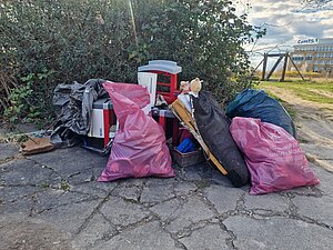 Foto von befüllten Müllsäcken, die vor einem Gebüsch abgestellt sind.