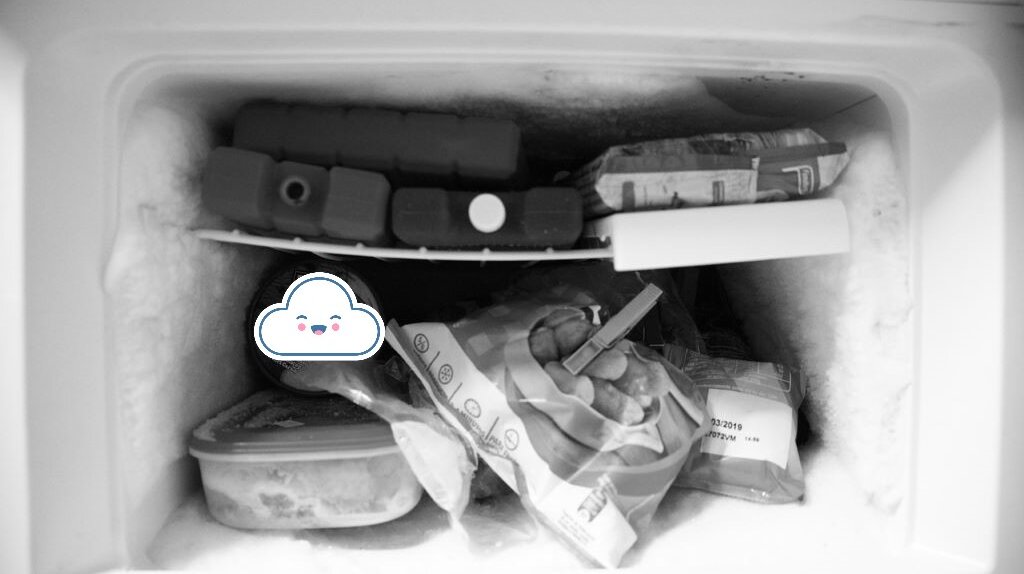 ein offenes Gefrierfach mit eingefrorenen Lebensmitteln