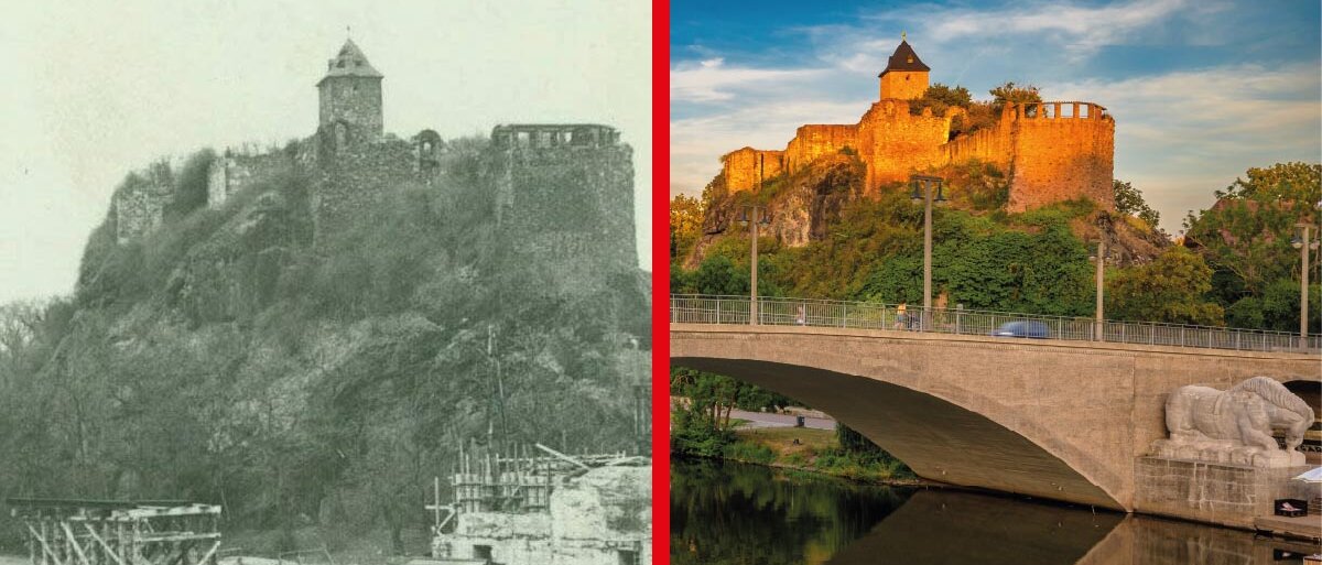 Giebichensteinbrücke auf 2 Ansichten: links zum Kriegsende 1945 und heute