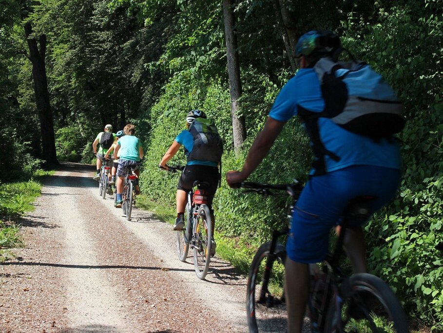 drei Fahrradfahrer radeln einen Weg entlang 