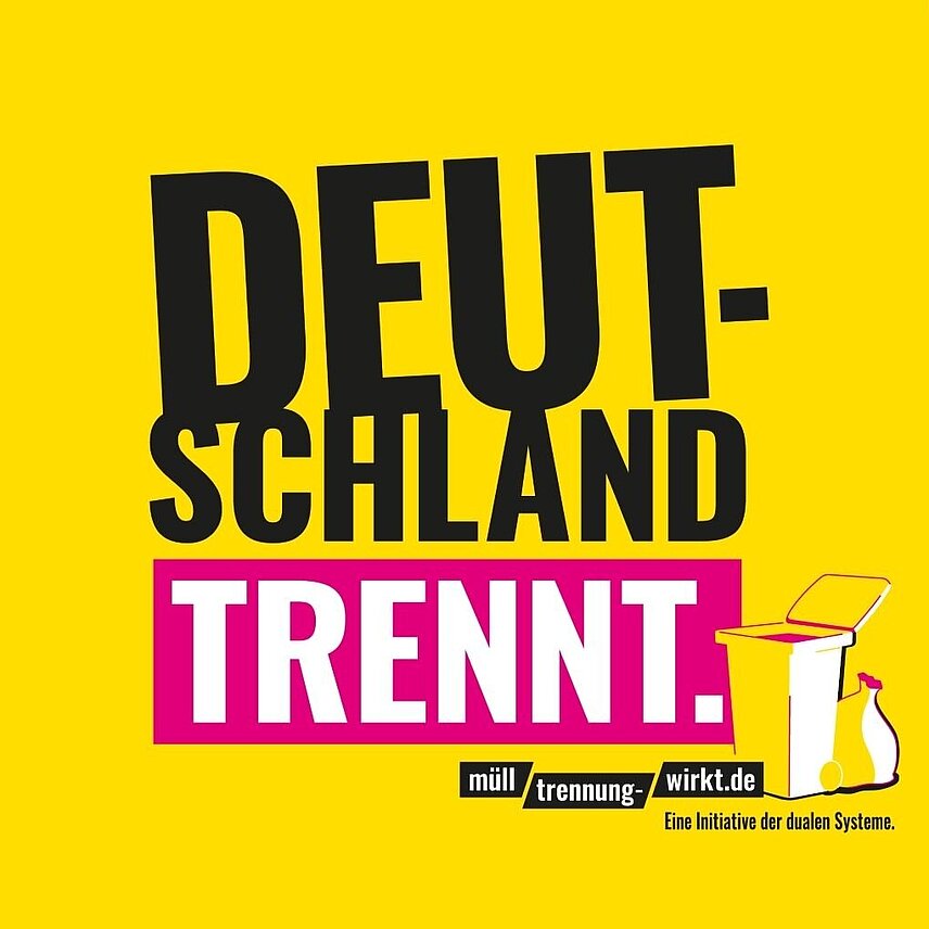 gelber Hintergrund mit schwarz-weißer Schrift und einer kleinen gelben Tonne 