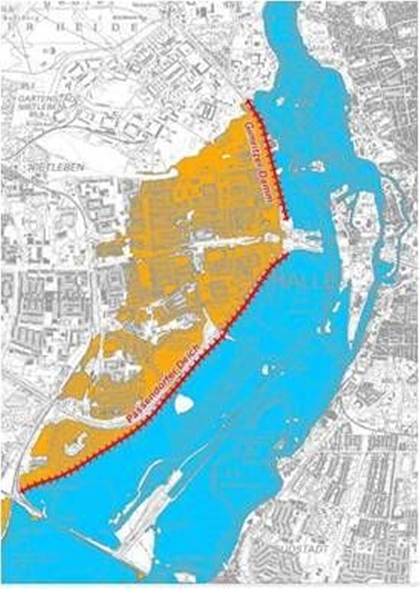 Stadtkarte mit gelb markierten Überflutungsflächen 