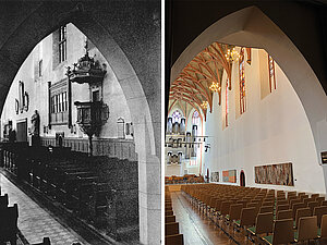 Blick in das Hauptschiff mit Kanzel, von der August Hermann Francke predigte und die heute in den Franckeschen Stiftungen besichtigt werden kann, und Luther-Skulptur, die zerschlagen wurde