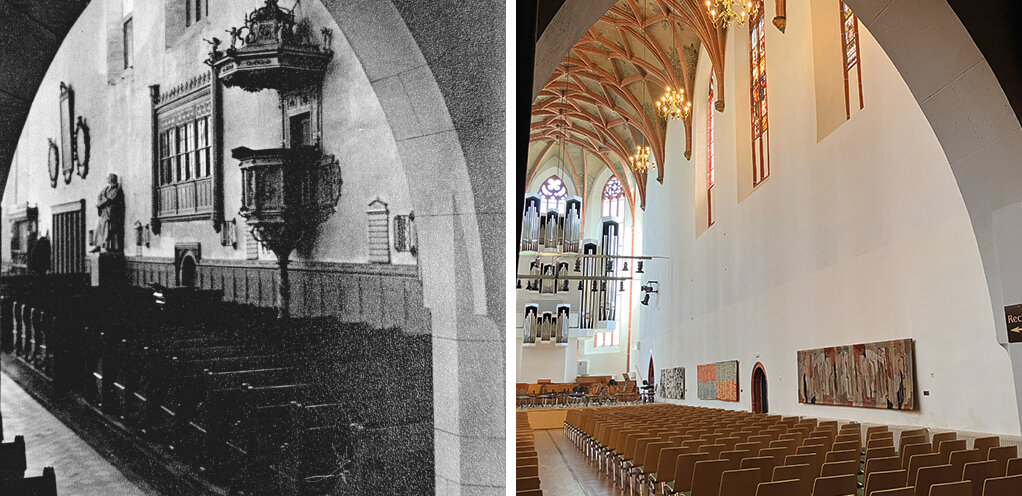 Blick in das Hauptschiff mit Kanzel, von der August Hermann Francke predigte und die heute in den Franckeschen Stiftungen besichtigt werden kann, und Luther-Skulptur, die zerschlagen wurde