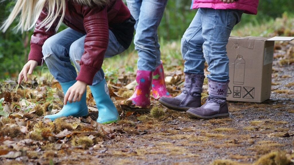drei Kinder sammeln Müll auf einer Grünfläche mit Laub, ein Pappkarton wurde bereits gefunden