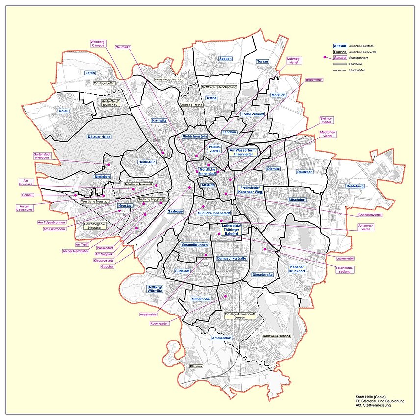 Übersichtskarte mit amtlichen Stadtteilen, amtlichen Stadtvierteln und Stadtquartieren
