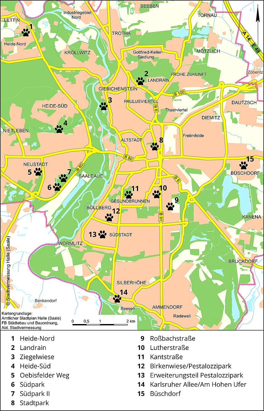 Übersichtskarte von Halle (Saale), Kennzeichnung von 15 Standorten für Hundewiesen