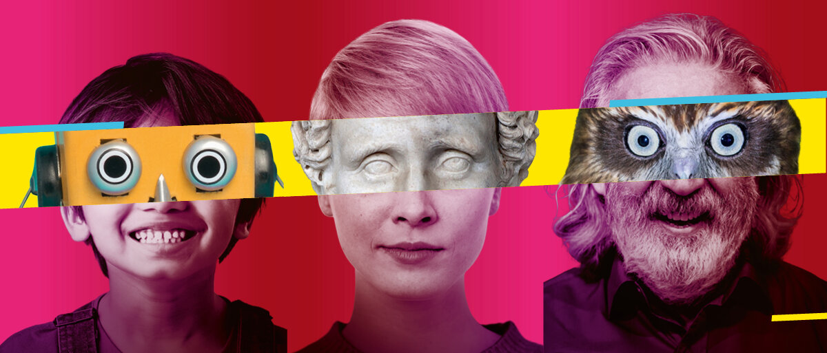 Collage Museumsnacht 2025, wo 3 Köpfe die Augenpartie von einem Gemälde oder einer Plastik bekommen haben