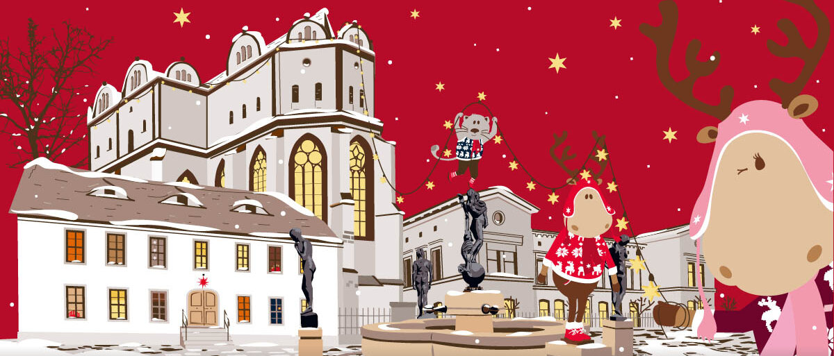 Weihnachtsmarkt-Motiv 2025: die Comic-Rentiere Finni und Rudi auf dem Domplatz