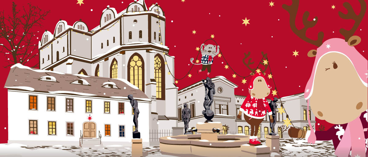 Weihnachtsmarkt-Motiv 2025: die Comic-Rentiere Finni und Rudi auf dem Domplatz