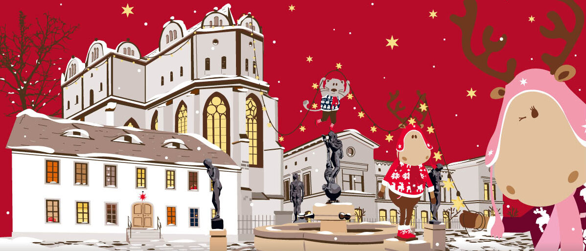 Weihnachtsmarkt-Motiv 2025: die Comic-Rentiere Finni und Rudi auf dem Domplatz