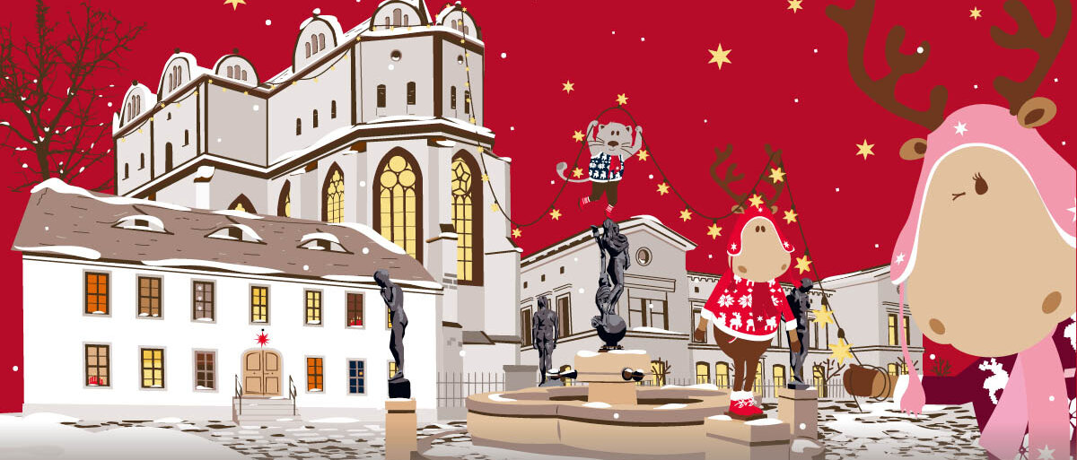 Weihnachtsmarkt-Motiv 2025: die Comic-Rentiere Finni und Rudi auf dem Domplatz