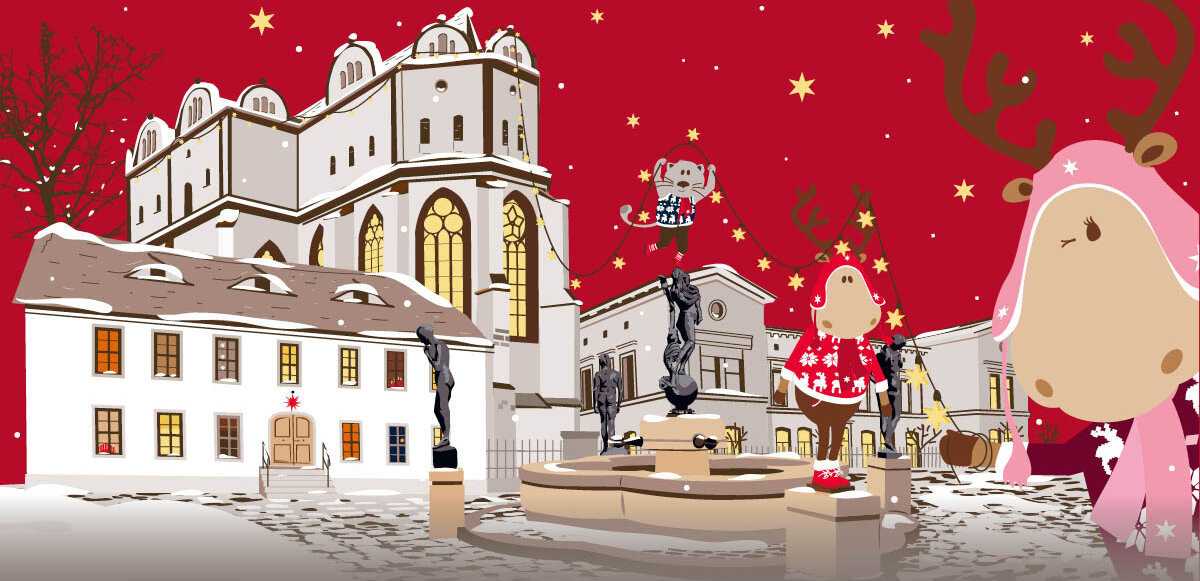 Weihnachtsmarkt-Motiv 2025: die Comic-Rentiere Finni und Rudi auf dem Domplatz
