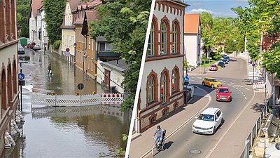 Talstraße: links überflutet, rechts saniert