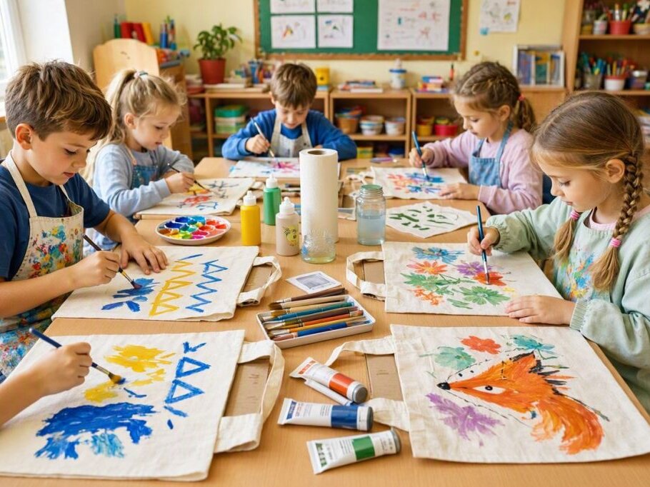 An einem Holztisch sitzen Kinder und bemalen weiße Baumwollbeutel.