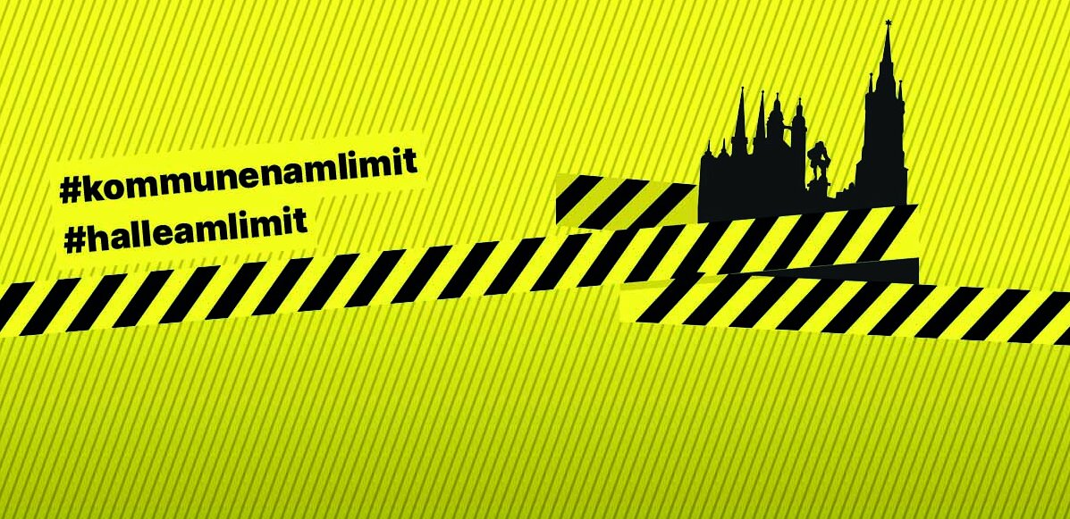 felbe fläche mit gelb-schwarzem Absperrband und Silhouette von Halle, Ziel des Aktionstages ist es, auf die finanzielle Überlastung der Kommunen aufmerksam zu machen und gemeinsam ein deutliches Signal an die Bundes- und Landespolitik zu senden